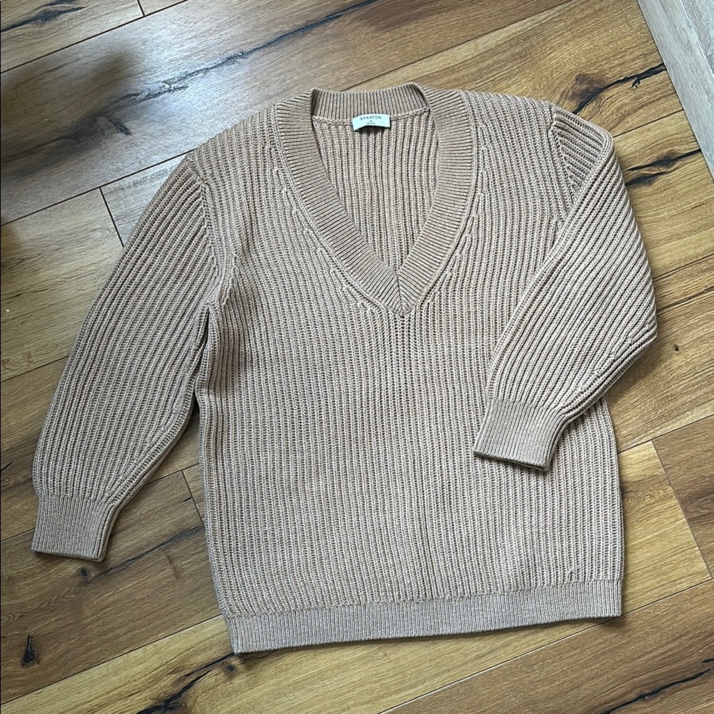 Babaton Tan V-Neck Sweater with Ribbed Knit and Relaxed Fit
